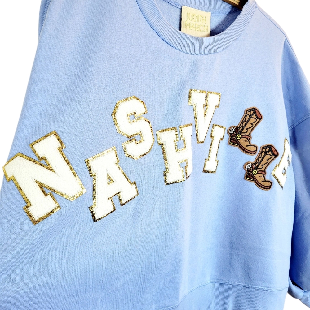 JUDITH MARCH Nashville TN Glitter Patch Cropped Balloon Sleeve Sweatshirt Small - Picture 4 of 9